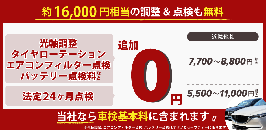 約16,000円相当の調整＆点検が無料！バッテリー点検料、光軸調整料、タイヤローテーション、エアコンフィルター点検、24カ月点検など！車検のコバック きたかみ自販車検北上店なら車検基本料に含まれます！